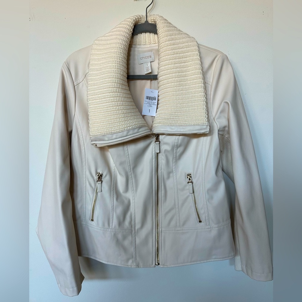 Chico’s Cream Sweater Collar Faux-Leather Jacket, Women’s Size 1 NEW WITH TAGS